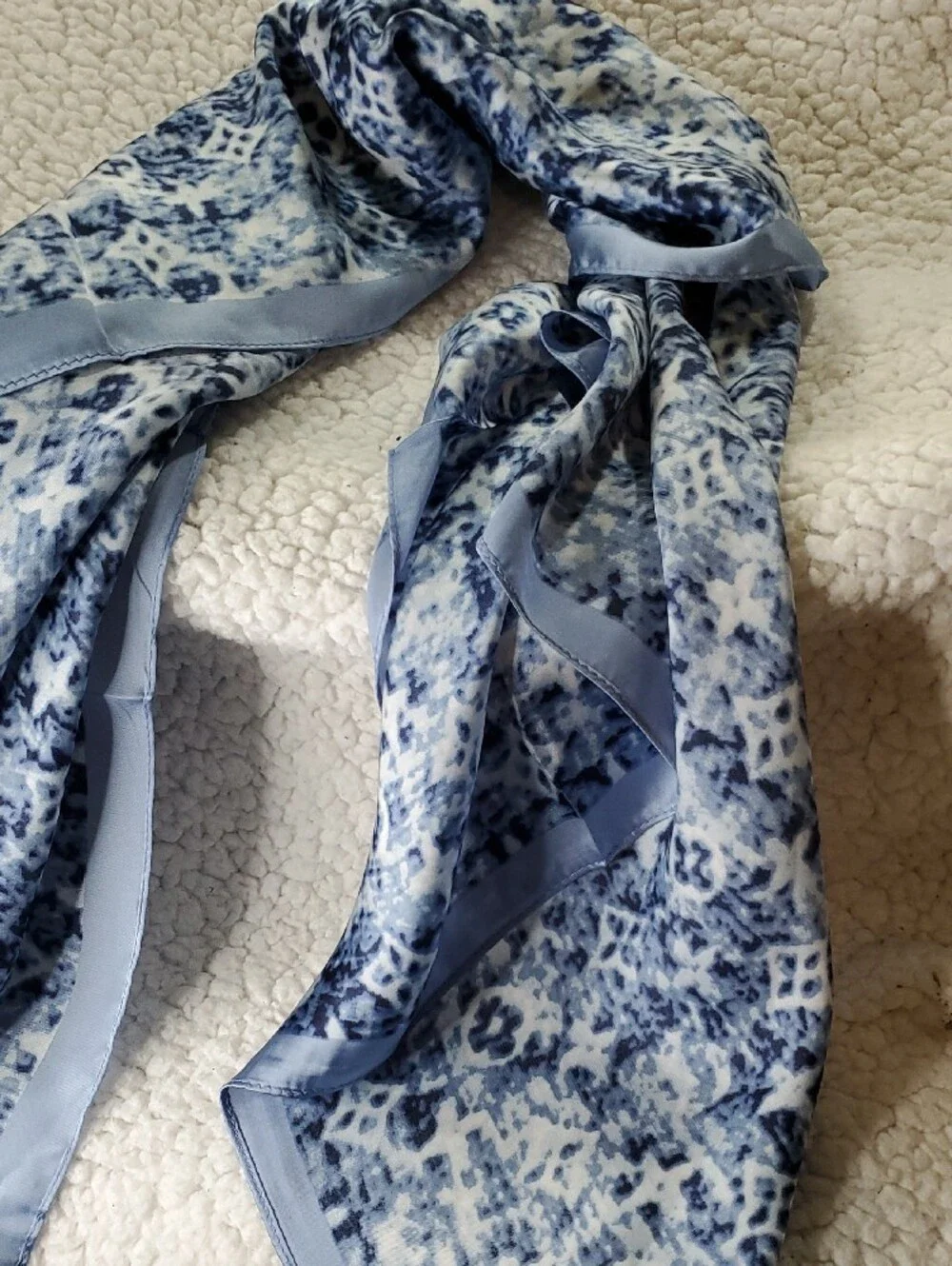 Blue and White Patterned Silk Scarf